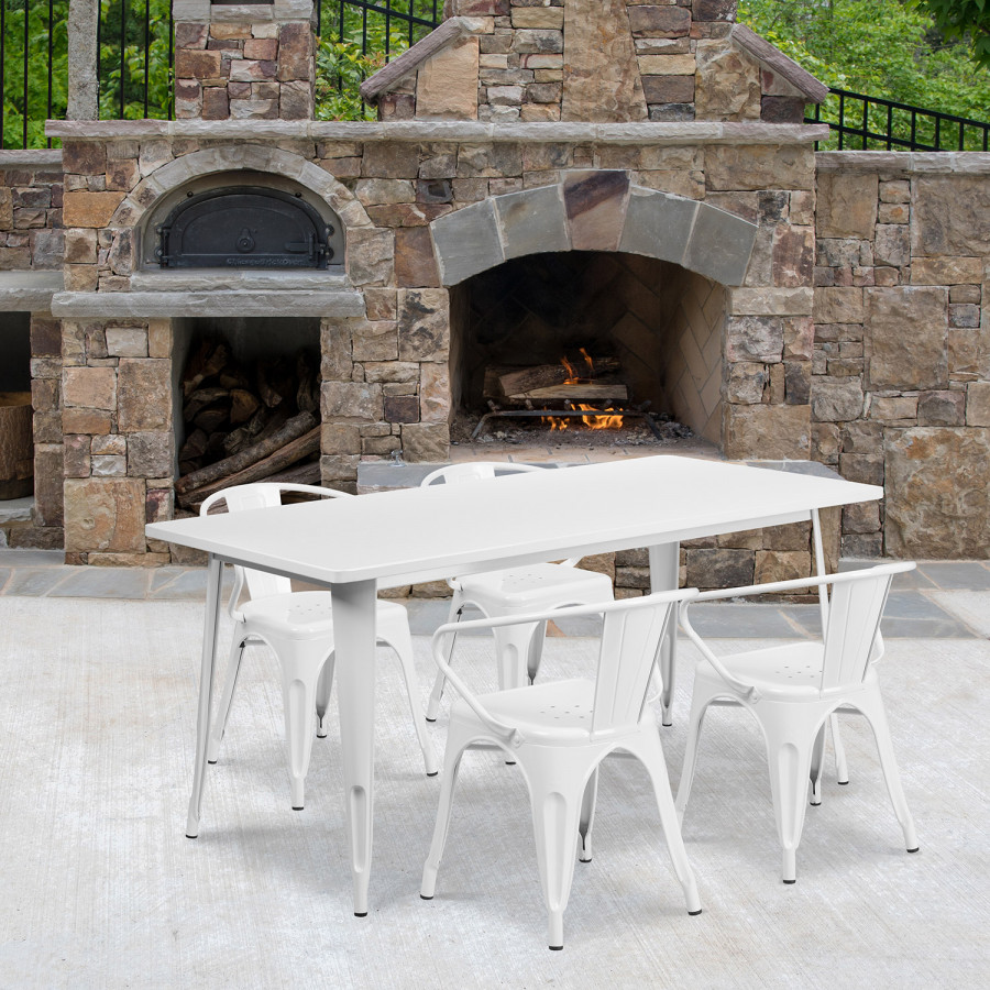 BLNK Fisher Commercial Rectangular Metal Indoor-Outdoor Table Set with 4 Arm Chairs - White