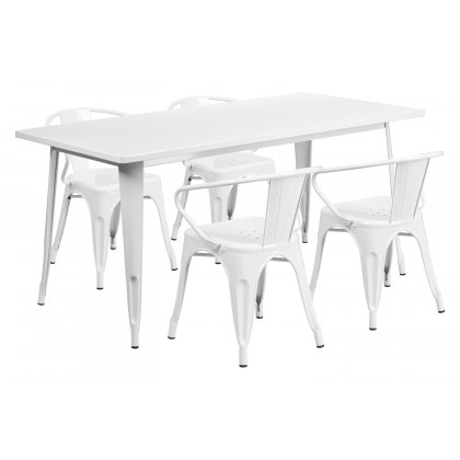 BLNK Fisher Commercial Rectangular Metal Indoor-Outdoor Table Set with 4 Arm Chairs - White