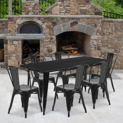 BLNK - Gilbert Commercial Rectangular Metal Indoor-Outdoor Table Set with 6 Stack Chairs