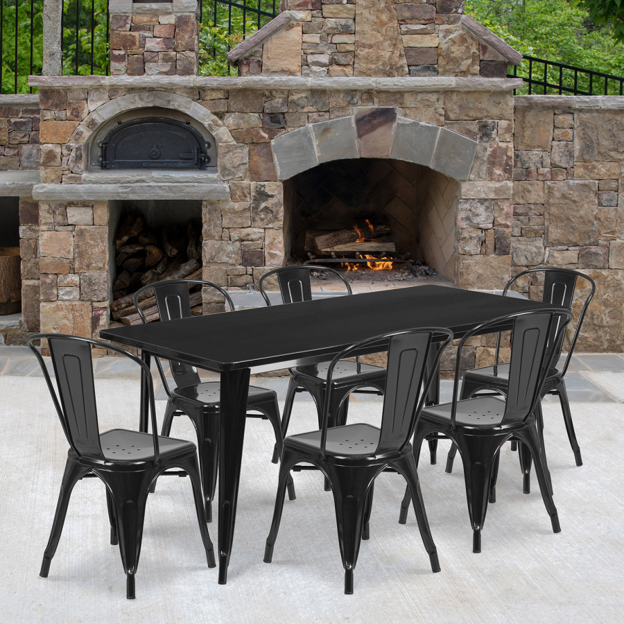 BLNK Gilbert Commercial Rectangular Metal Indoor-Outdoor Table Set with 6 Stack Chairs - Black