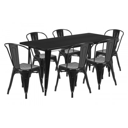 BLNK Gilbert Commercial Rectangular Metal Indoor-Outdoor Table Set with 6 Stack Chairs - Black