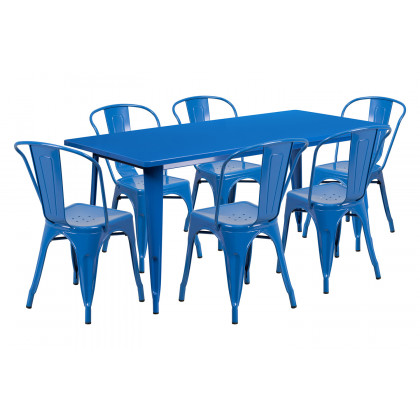 BLNK Gilbert Commercial Rectangular Metal Indoor-Outdoor Table Set with 6 Stack Chairs - Blue