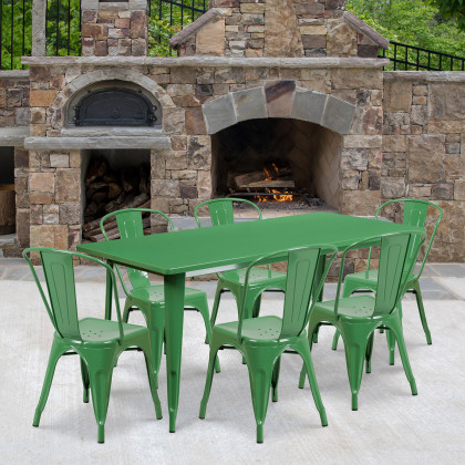 BLNK - Gilbert Commercial Rectangular Metal Indoor-Outdoor Table Set with 6 Stack Chairs
