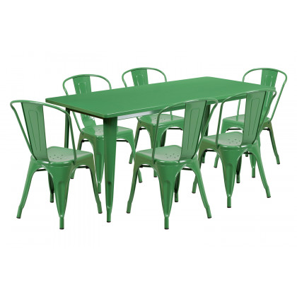 BLNK Gilbert Commercial Rectangular Metal Indoor-Outdoor Table Set with 6 Stack Chairs - Green