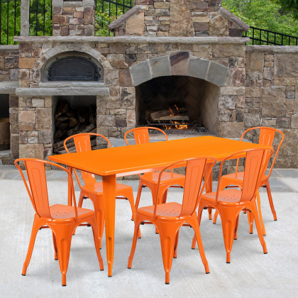 BLNK - Gilbert Commercial Rectangular Metal Indoor-Outdoor Table Set with 6 Stack Chairs