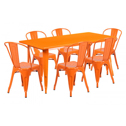 BLNK Gilbert Commercial Rectangular Metal Indoor-Outdoor Table Set with 6 Stack Chairs - Orange