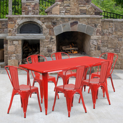 BLNK - Gilbert Commercial Rectangular Metal Indoor-Outdoor Table Set with 6 Stack Chairs