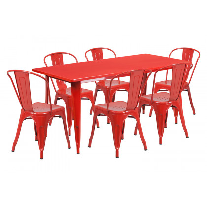 BLNK Gilbert Commercial Rectangular Metal Indoor-Outdoor Table Set with 6 Stack Chairs - Red