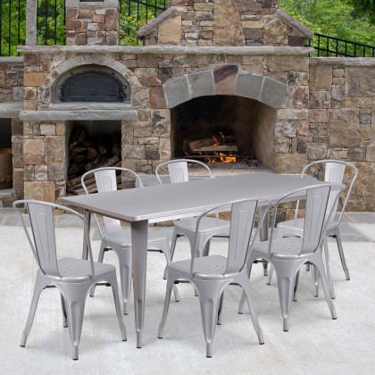 BLNK - Gilbert Commercial Rectangular Metal Indoor-Outdoor Table Set with 6 Stack Chairs