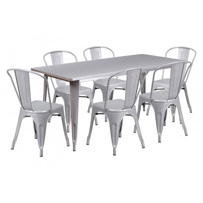 BLNK Gilbert Commercial Rectangular Metal Indoor-Outdoor Table Set with 6 Stack Chairs - Silver