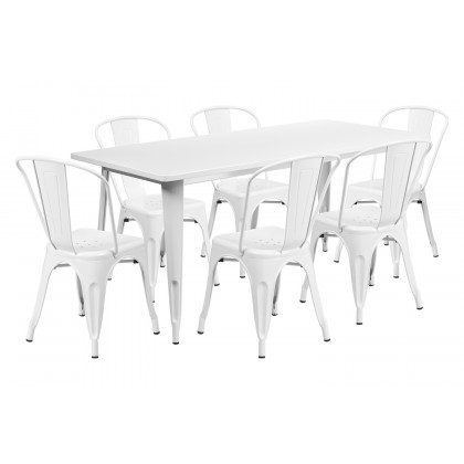 BLNK Gilbert Commercial Rectangular Metal Indoor-Outdoor Table Set with 6 Stack Chairs - White