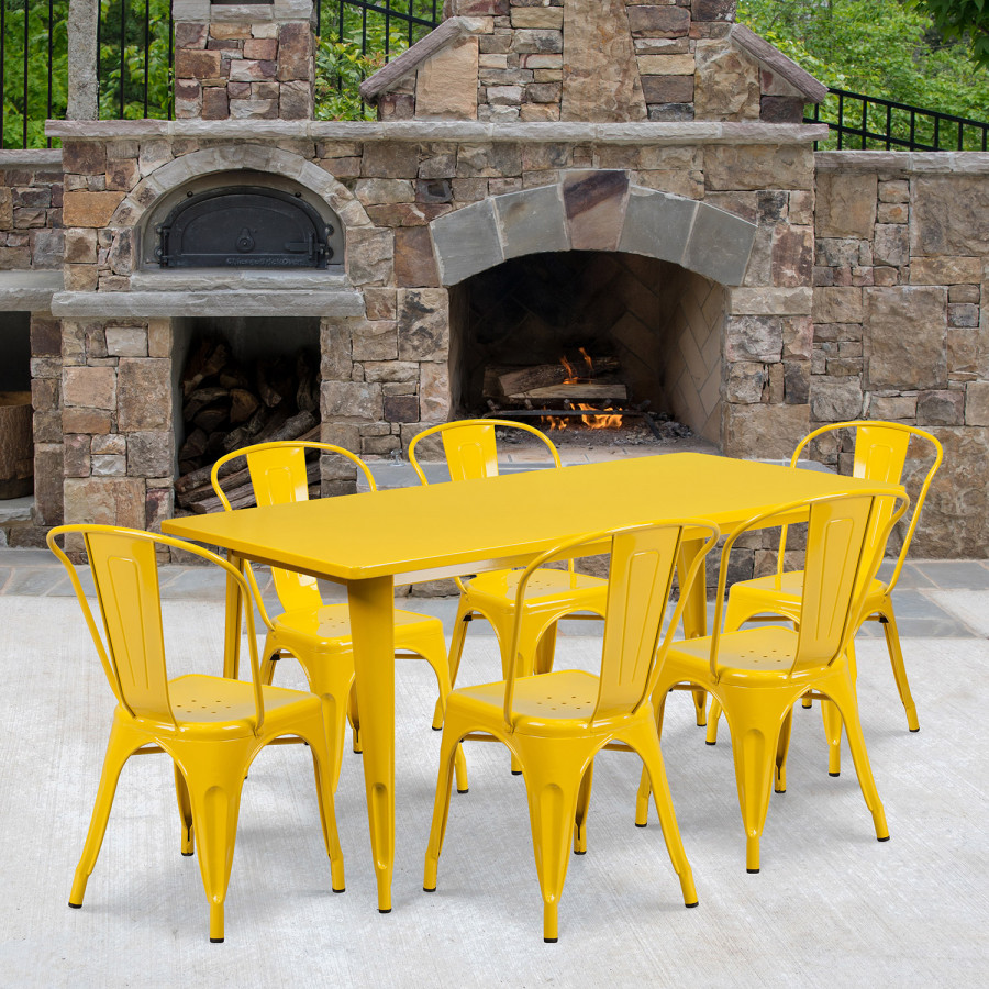 BLNK - Gilbert Commercial Rectangular Metal Indoor-Outdoor Table Set with 6 Stack Chairs