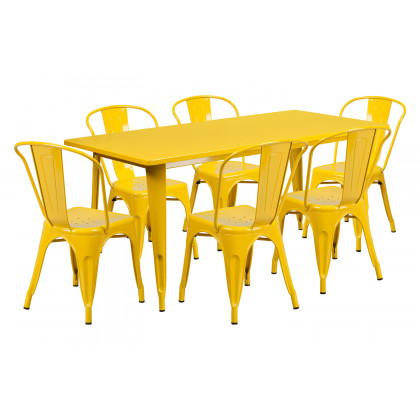 BLNK - Gilbert Commercial Rectangular Metal Indoor-Outdoor Table Set with 6 Stack Chairs
