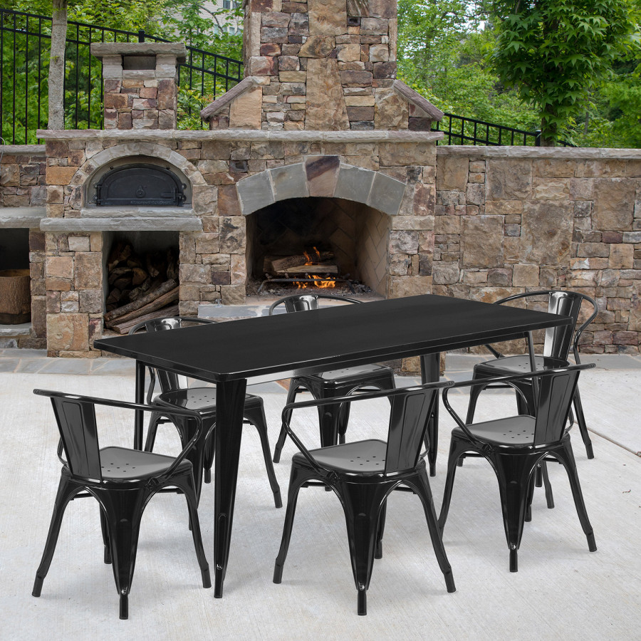 BLNK Oakley Commercial Rectangular Metal Indoor-Outdoor Table Set with 6 Arm Chairs - Black