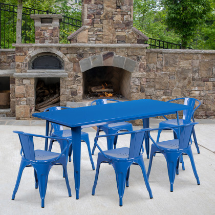 BLNK - Oakley Commercial Rectangular Metal Indoor-Outdoor Table Set with 6 Arm Chairs