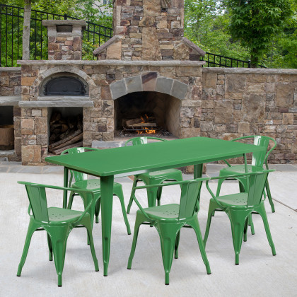 BLNK - Oakley Commercial Rectangular Metal Indoor-Outdoor Table Set with 6 Arm Chairs