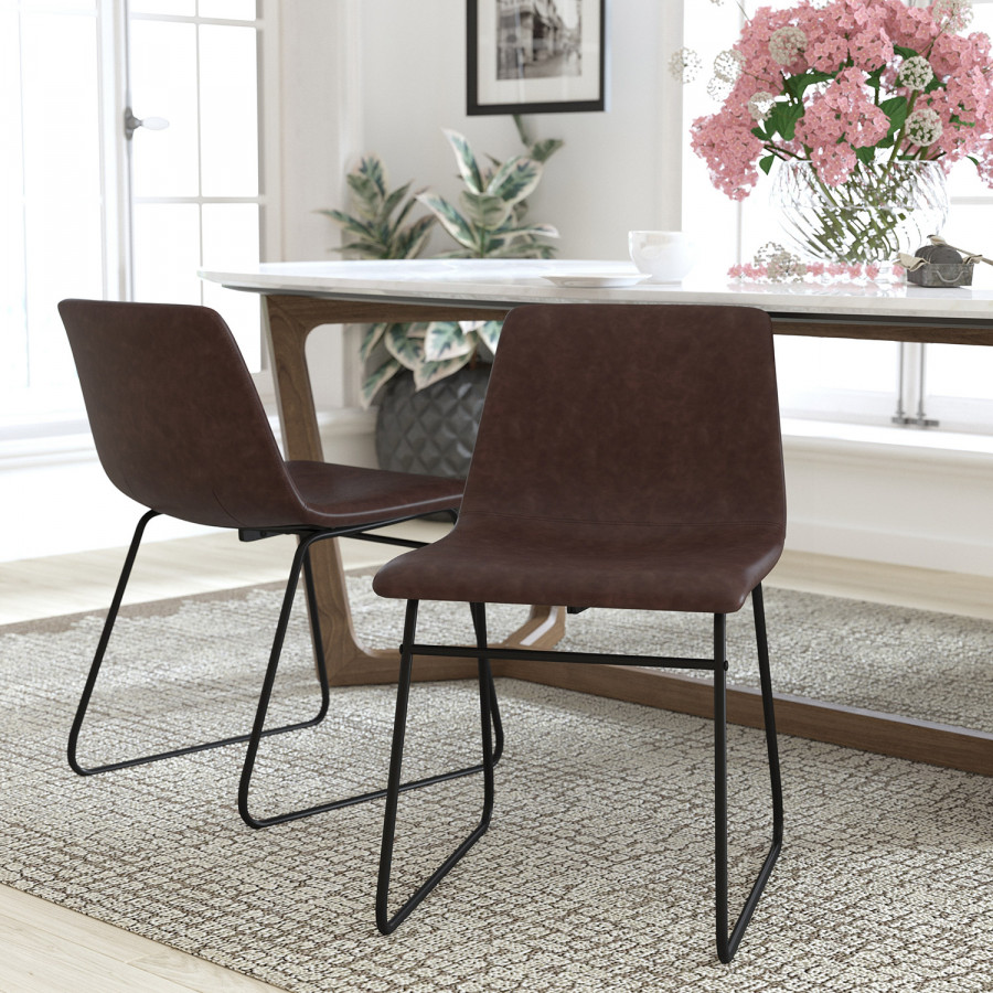 BLNK Butler LeatherSoft Table Height Dining Chair, Mid-Back Sled Base with Black Frame Set of 2 - Dark Brown