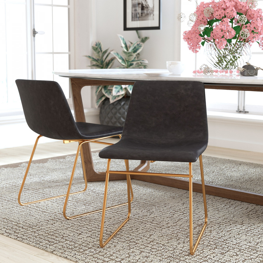 BLNK Butler LeatherSoft Table Height Dining Chair, Mid-Back Sled Base with Gold Frame Set of 2 - Dark Gray