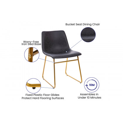 BLNK Butler LeatherSoft Table Height Dining Chair, Mid-Back Sled Base with Gold Frame Set of 2 - Dark Gray