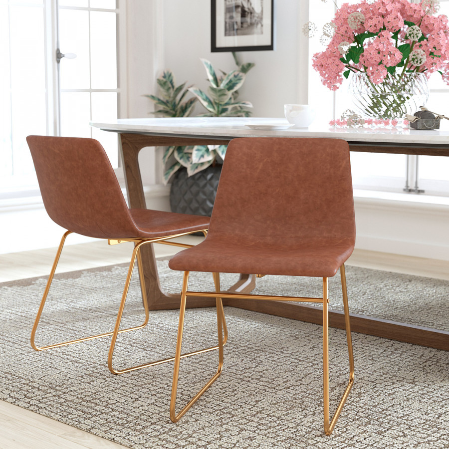 BLNK Butler LeatherSoft Table Height Dining Chair, Mid-Back Sled Base with Gold Frame Set of 2 - Light Brown