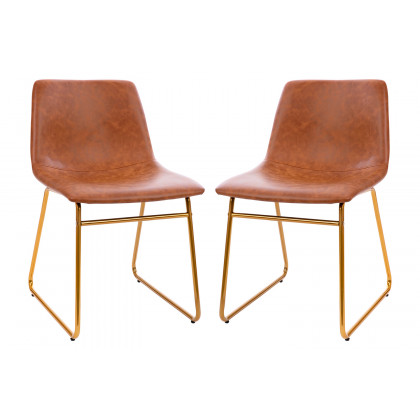 BLNK Butler LeatherSoft Table Height Dining Chair, Mid-Back Sled Base with Gold Frame Set of 2 - Light Brown