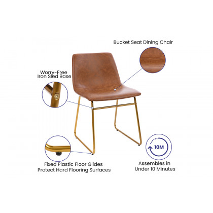 BLNK Butler LeatherSoft Table Height Dining Chair, Mid-Back Sled Base with Gold Frame Set of 2 - Light Brown