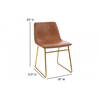 BLNK Butler LeatherSoft Table Height Dining Chair, Mid-Back Sled Base with Gold Frame Set of 2 - Light Brown