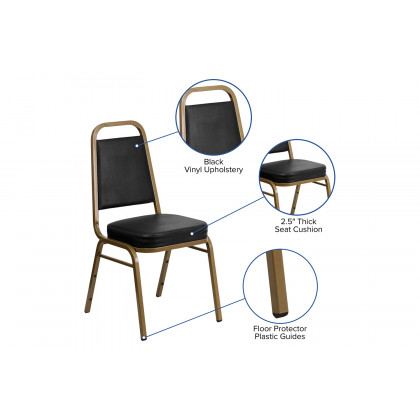 BLNK HERCULES Series Vinyl Trapezoidal Back Stacking Banquet Chair with Gold Frame - Black