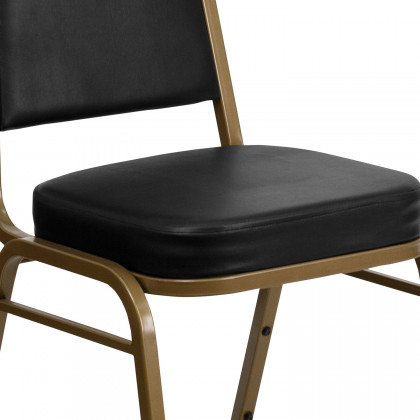BLNK HERCULES Series Vinyl Trapezoidal Back Stacking Banquet Chair with Gold Frame - Black