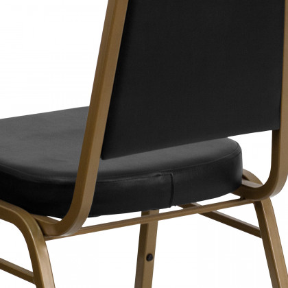 BLNK HERCULES Series Vinyl Trapezoidal Back Stacking Banquet Chair with Gold Frame - Black
