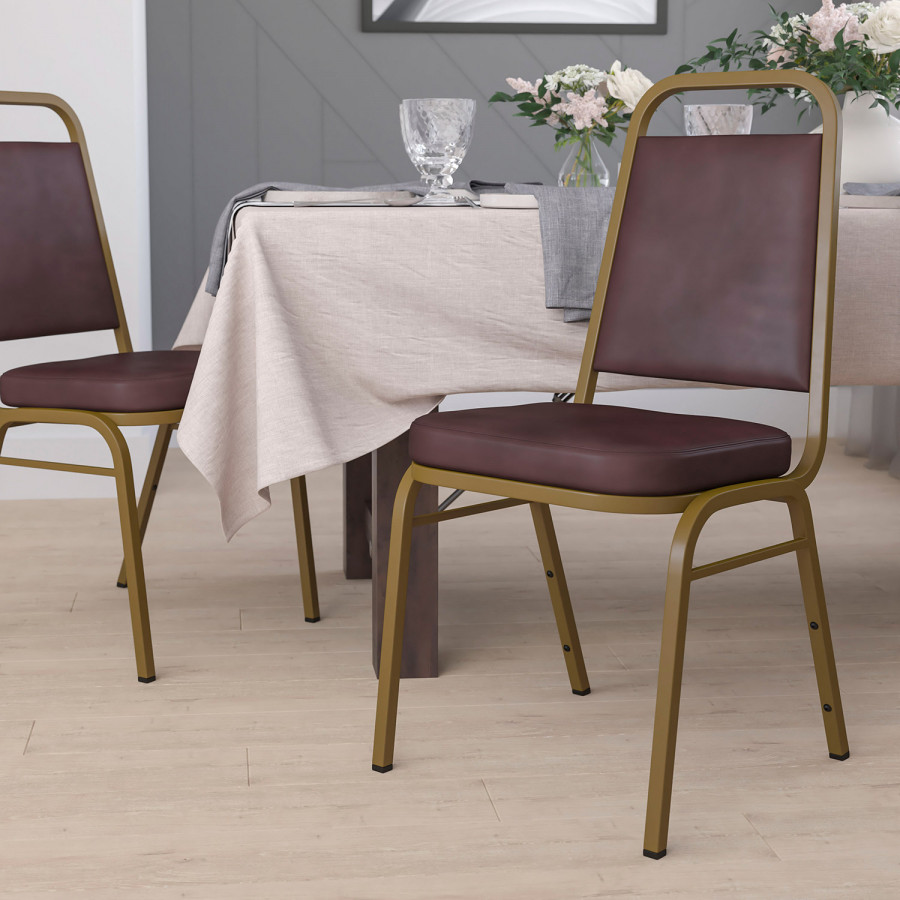 BLNK HERCULES Series Vinyl Trapezoidal Back Stacking Banquet Chair with Gold Frame - Brown