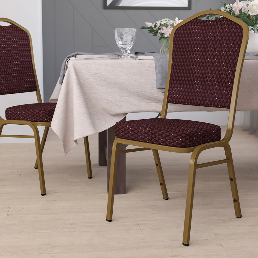 BLNK HERCULES Series Fabric Crown Back Stacking Banquet Chair with Gold Frame - Burgundy Patterned