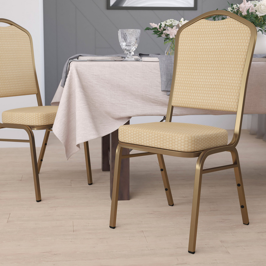 BLNK HERCULES Series Fabric Crown Back Stacking Banquet Chair with Gold Frame - Beige Patterned