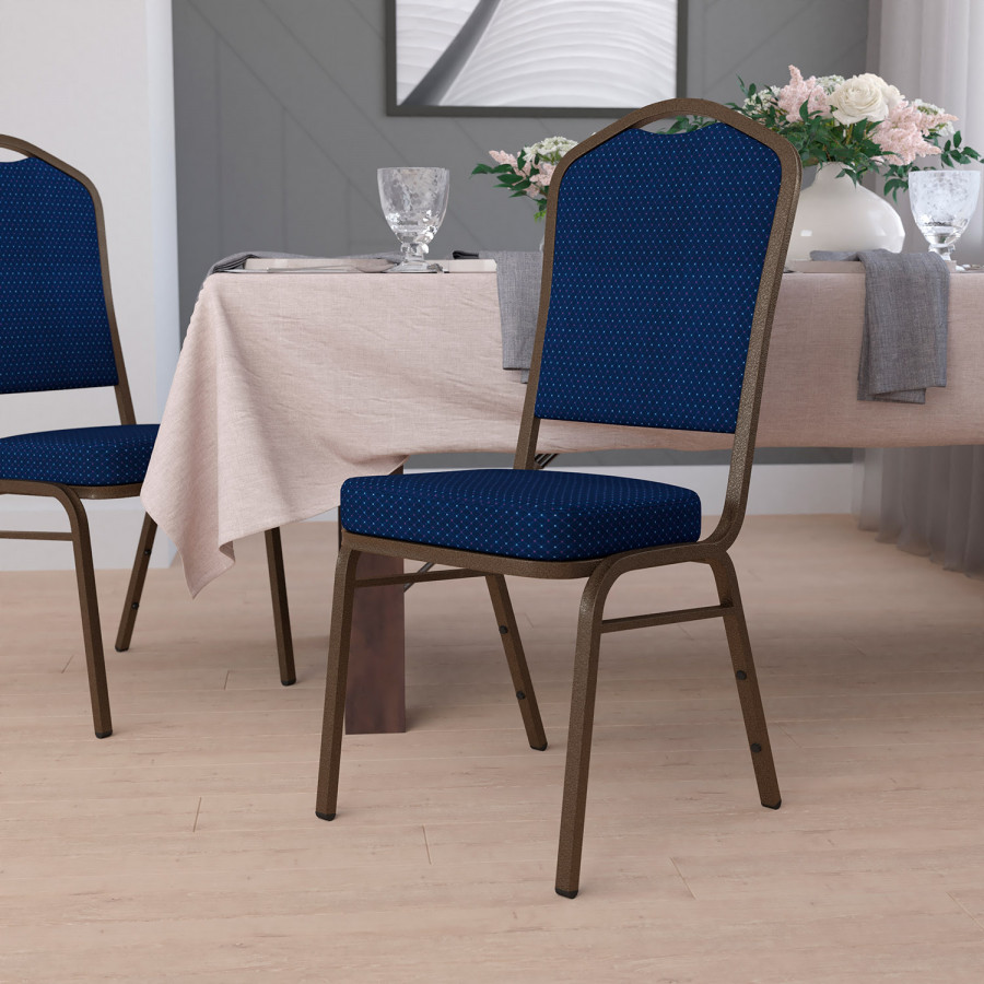BLNK HERCULES Series Fabric Crown Back Stacking Banquet Chair with Gold Vein Frame - Navy Blue Patterned