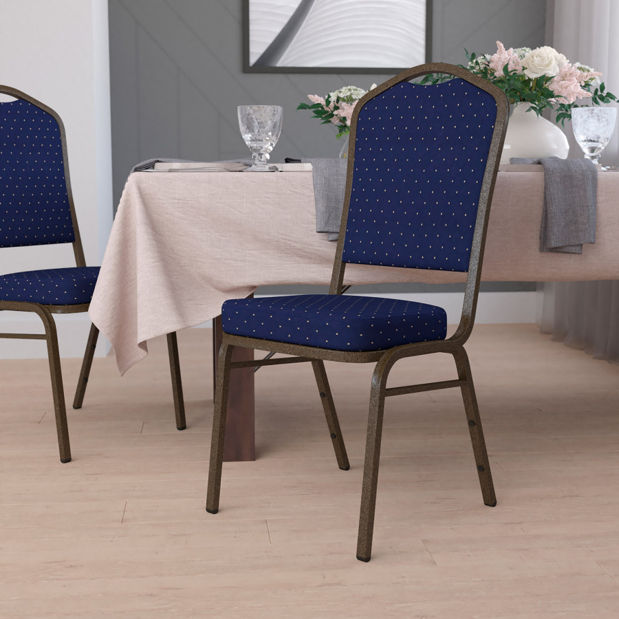 BLNK HERCULES Series Fabric Crown Back Stacking Banquet Chair with Gold Vein Frame - Navy Blue Dot Patterned