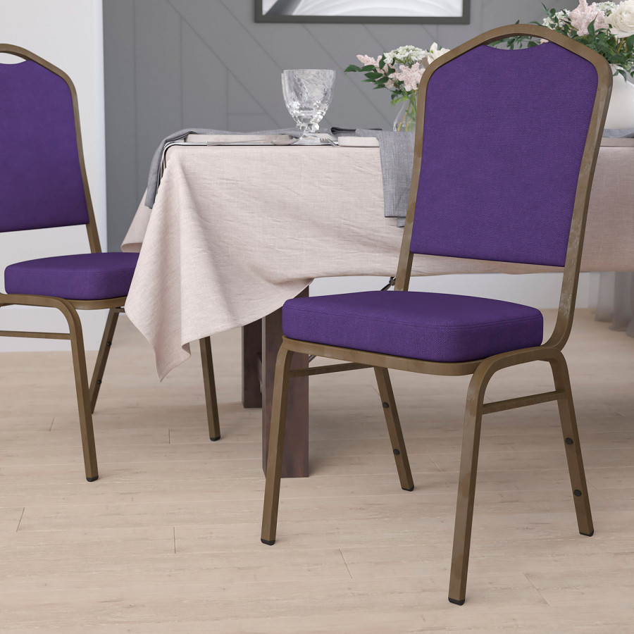 BLNK HERCULES Series Fabric Crown Back Stacking Banquet Chair with Gold Vein Frame - Purple