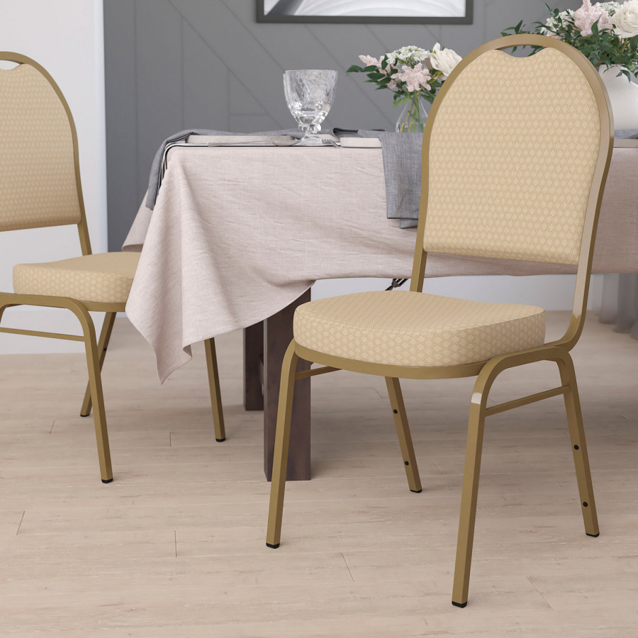 BLNK HERCULES Series Fabric Dome Back Stacking Banquet Chair with Gold Frame - Beige Patterned