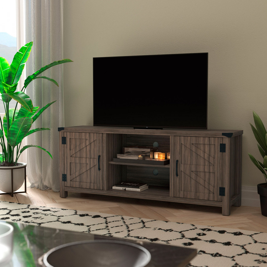 BLNK Charlotte Modern Farmhouse Barn Door TV Stand for TV's up to 65" - 59" Entertainment Center with Adjustable Shelf - Gray Wash Oak