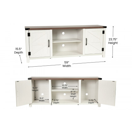 BLNK Charlotte Modern Farmhouse Barn Door TV Stand for TV's up to 65" - 59" Entertainment Center with Adjustable Shelf - White