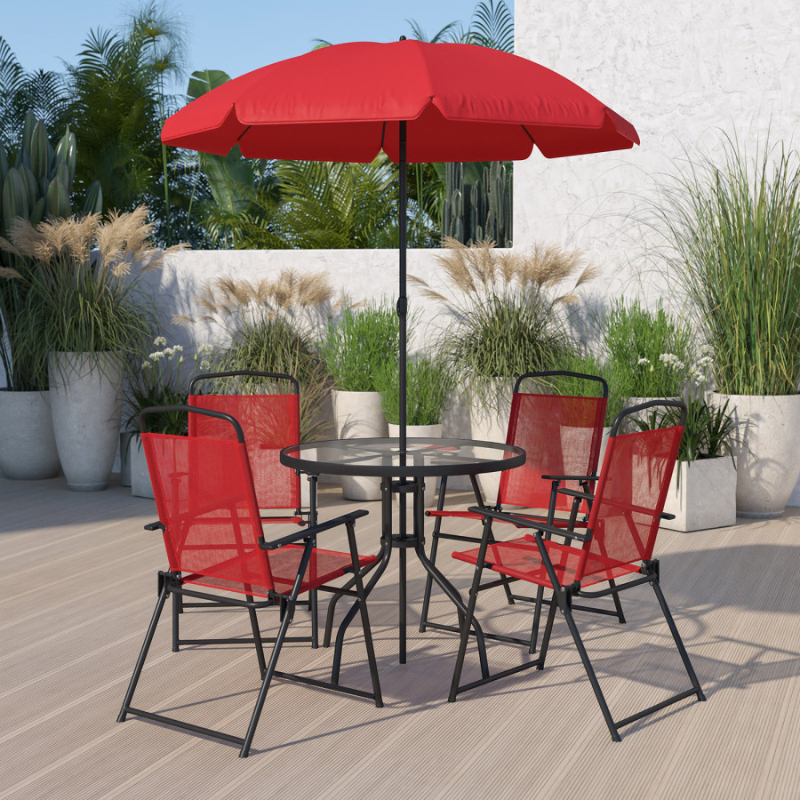 BLNK - Nantucket Patio Garden Set with Umbrella Table and Set of 4 Folding Chairs 6 Piece