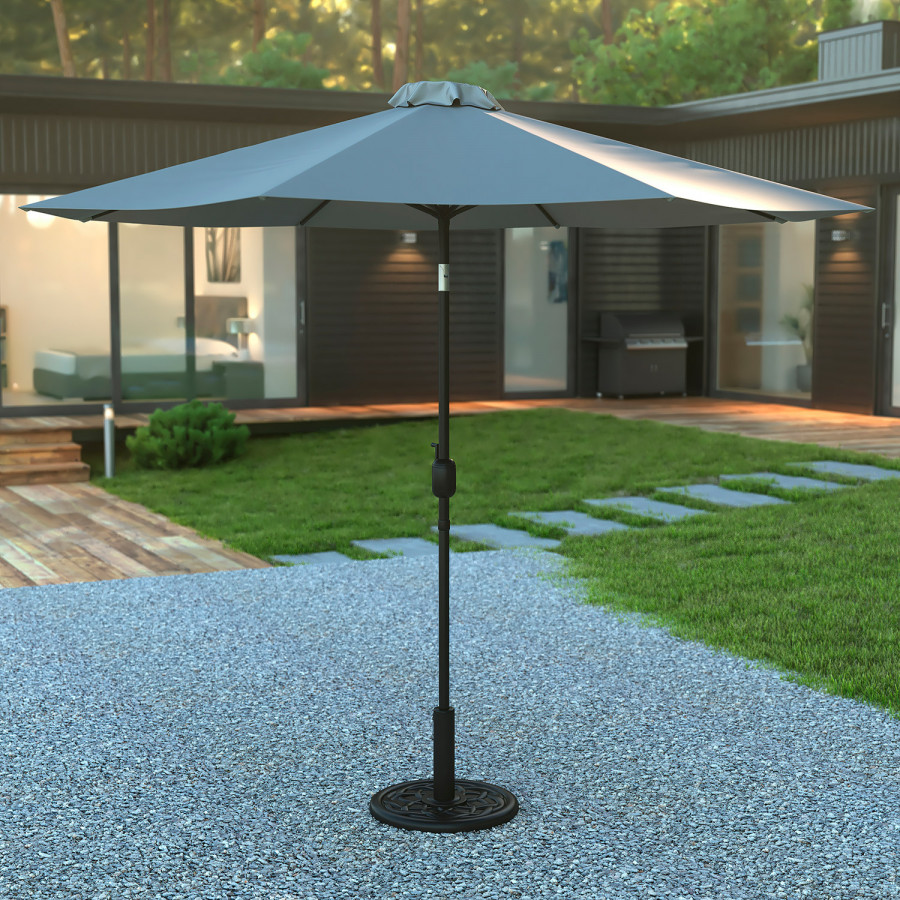 BLNK Sunny Round Umbrella with Crank and Tilt Function and Standing Umbrella Base - Gray