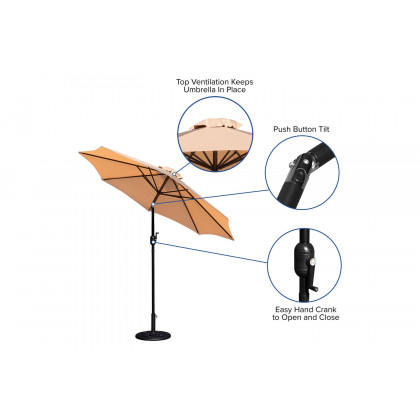 BLNK Kona Round Umbrella with Crank and Tilt Function and Standing Umbrella Base - Tan