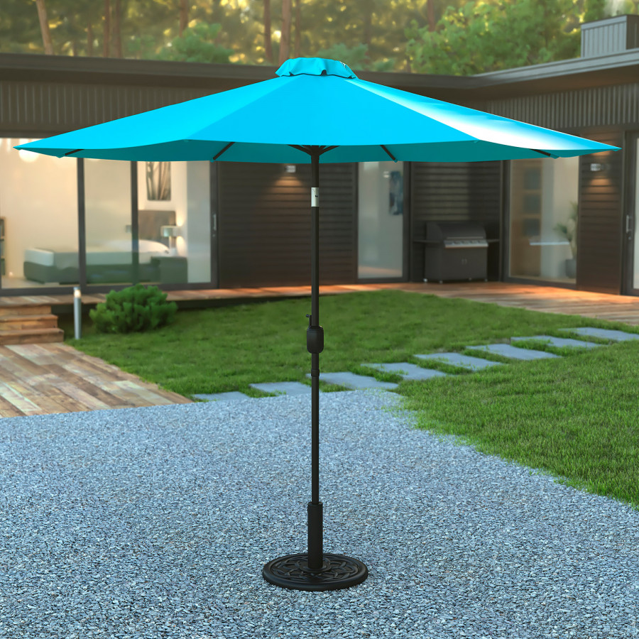 BLNK Sunny Round Umbrella with Crank and Tilt Function and Standing Umbrella Base - Teal