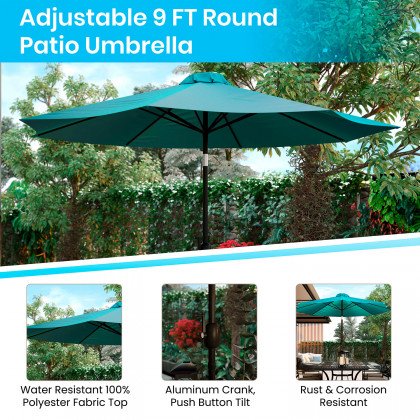 BLNK Sunny Round Umbrella with Crank and Tilt Function and Standing Umbrella Base - Teal