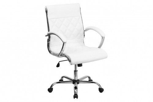 BLNK® Merideth LeatherSoft Mid-Back Designer Quilted Executive Swivel Office Chair with Chrome Base and Arms - White