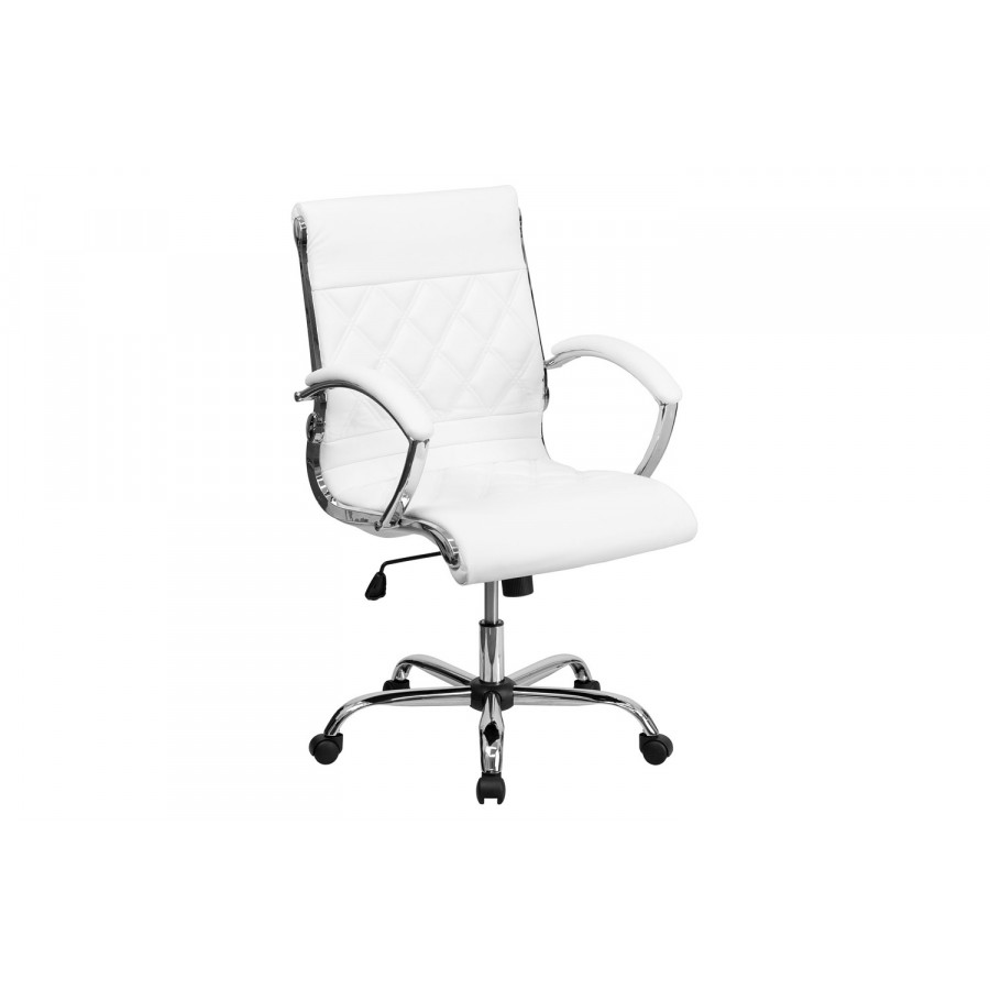 BLNK Merideth LeatherSoft Mid-Back Designer Quilted Executive Swivel Office Chair with Chrome Base and Arms - White