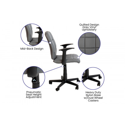 BLNK Clayton Vinyl Mid-Back Quilted Swivel Task Office Chair - Gray, with Arms