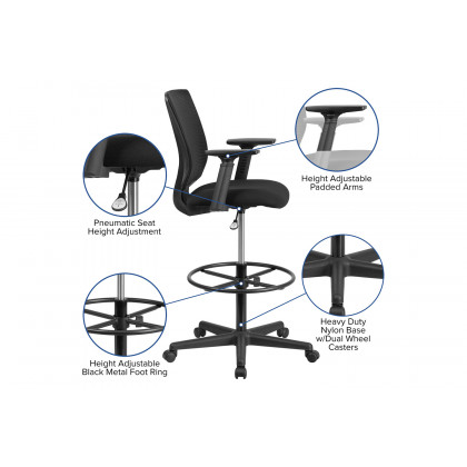 BLNK Harper Ergonomic Fabric Mid-Back Mesh Drafting Chair with Seat and Adjustable Foot Ring - with Adjustable Arms