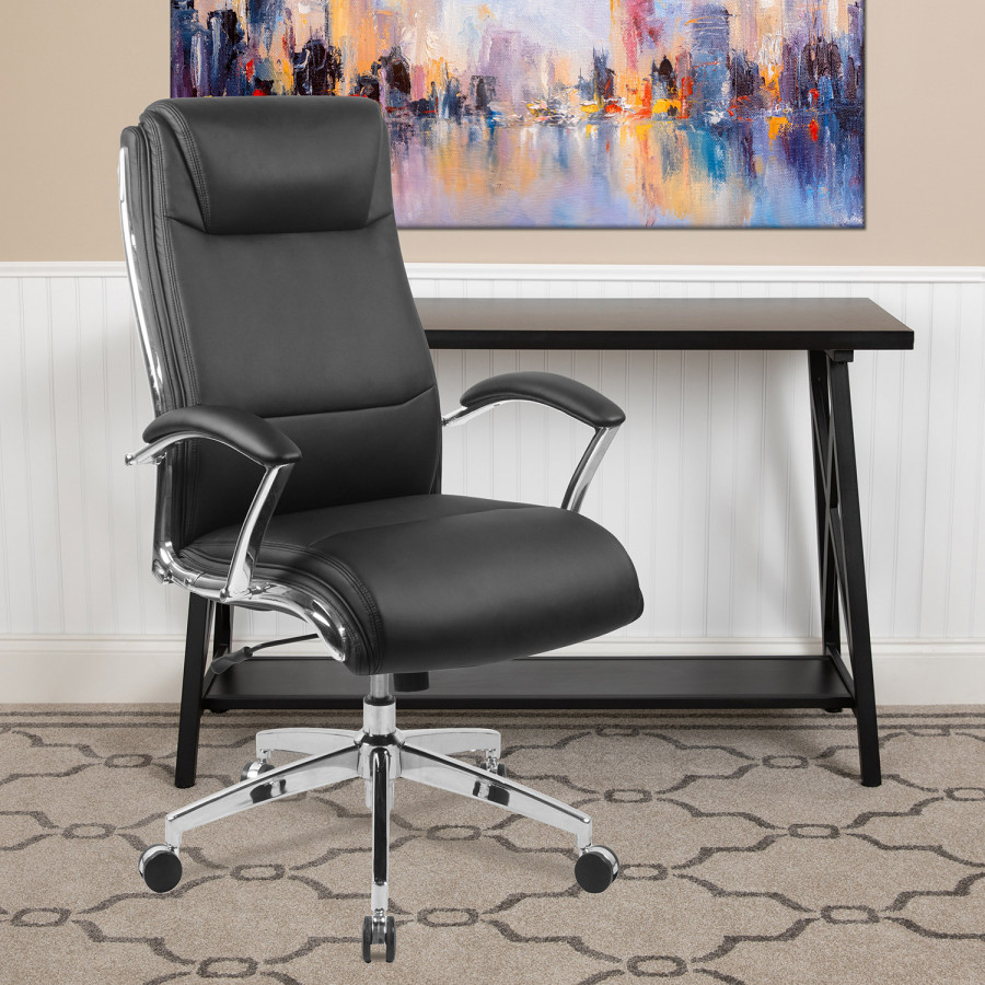 BLNK Rebecca LeatherSoft High-Back Designer Smooth Upholstered Executive Swivel Office Chair with Chrome Base and Arms - Black