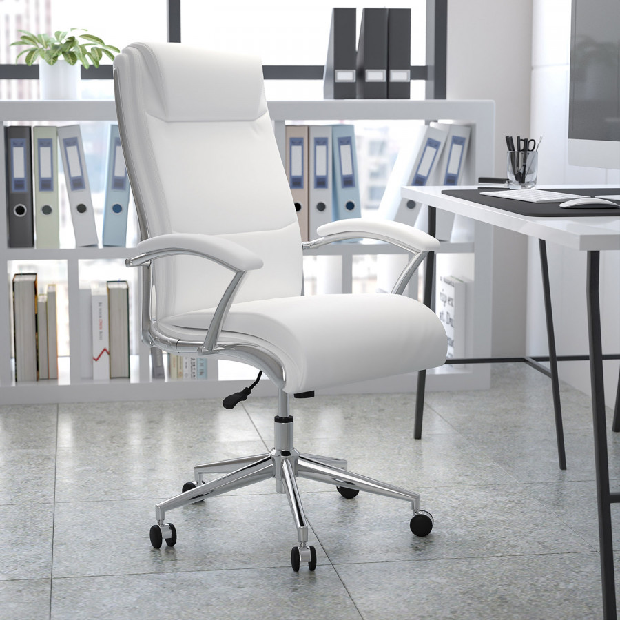 BLNK Rebecca LeatherSoft High-Back Designer Smooth Upholstered Executive Swivel Office Chair with Chrome Base and Arms - White